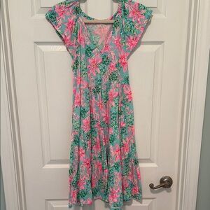 Lilly Pulitzer Floral Tiered V-Neck Midi Dress - Teal with Pink Flowers